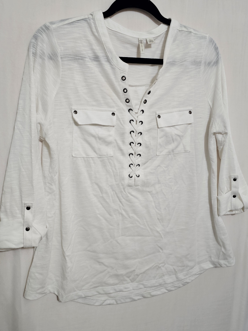 Cato White Lace-Up Pocket Front Tunic Top 3/4 Sleeve Long Sleeve Y2K